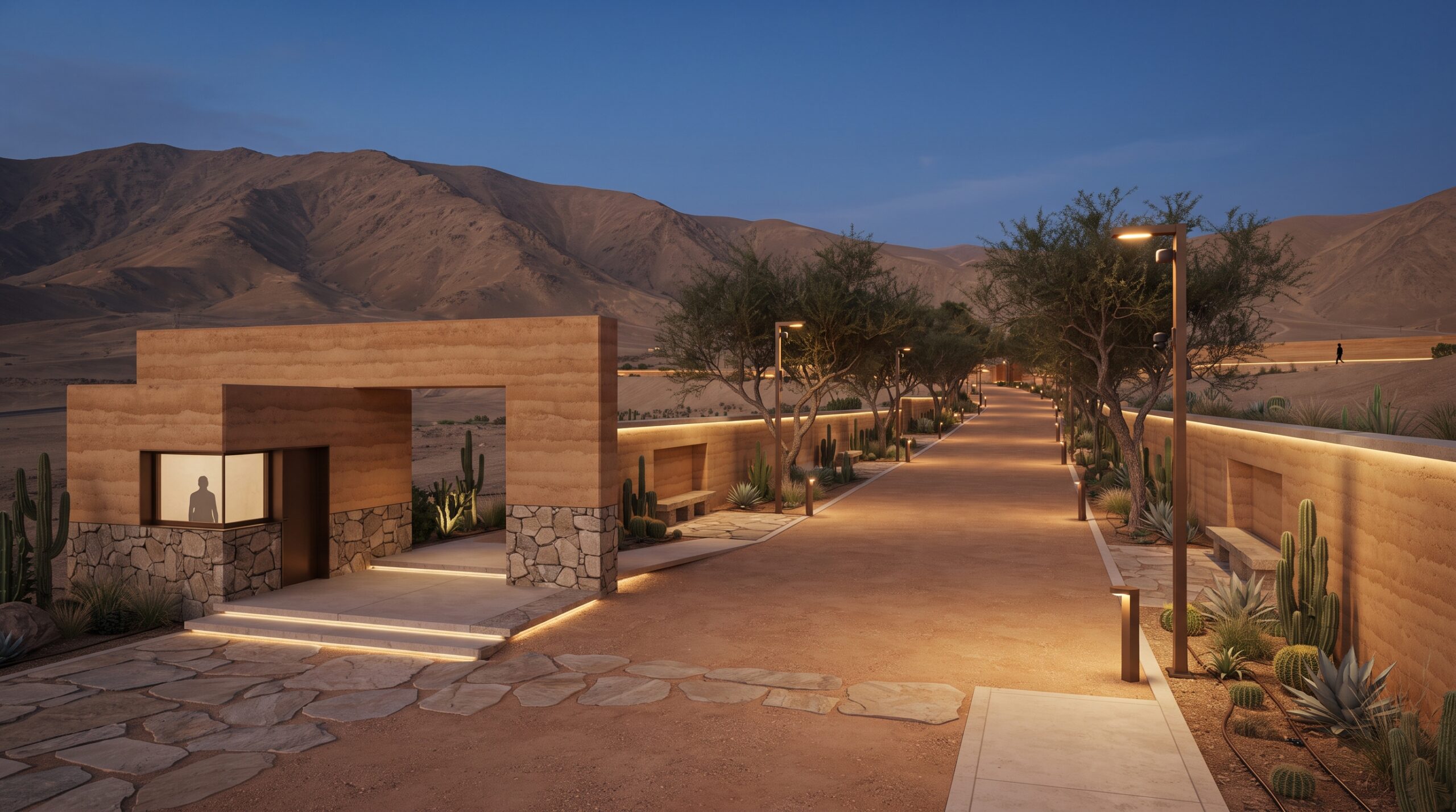 Memorial park entrance gate at dusk (illustrative render) Illustrative render of a memorial park entrance gate and tree-lined main avenue at dusk in the arid Peruvian coast