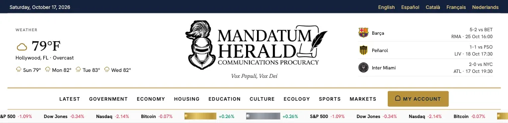 The Mandatum Herald header with weather, logo, scores and main menu