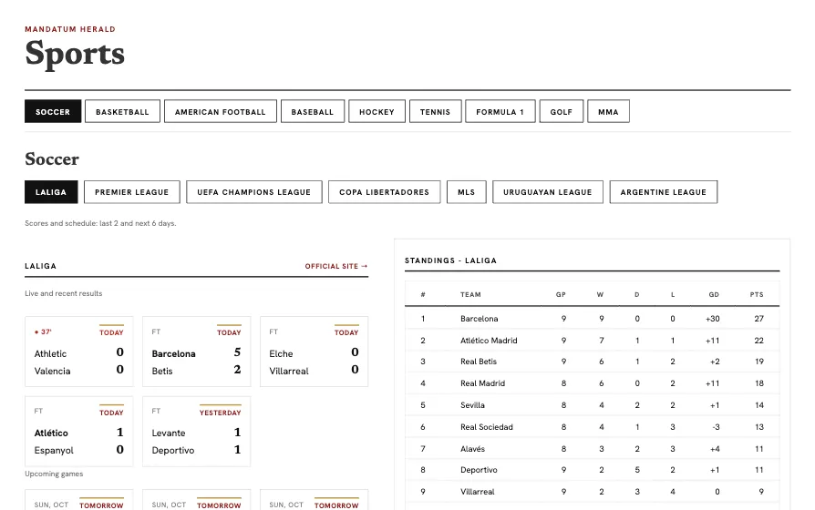 The Sports page with sport and league buttons, results and upcoming games