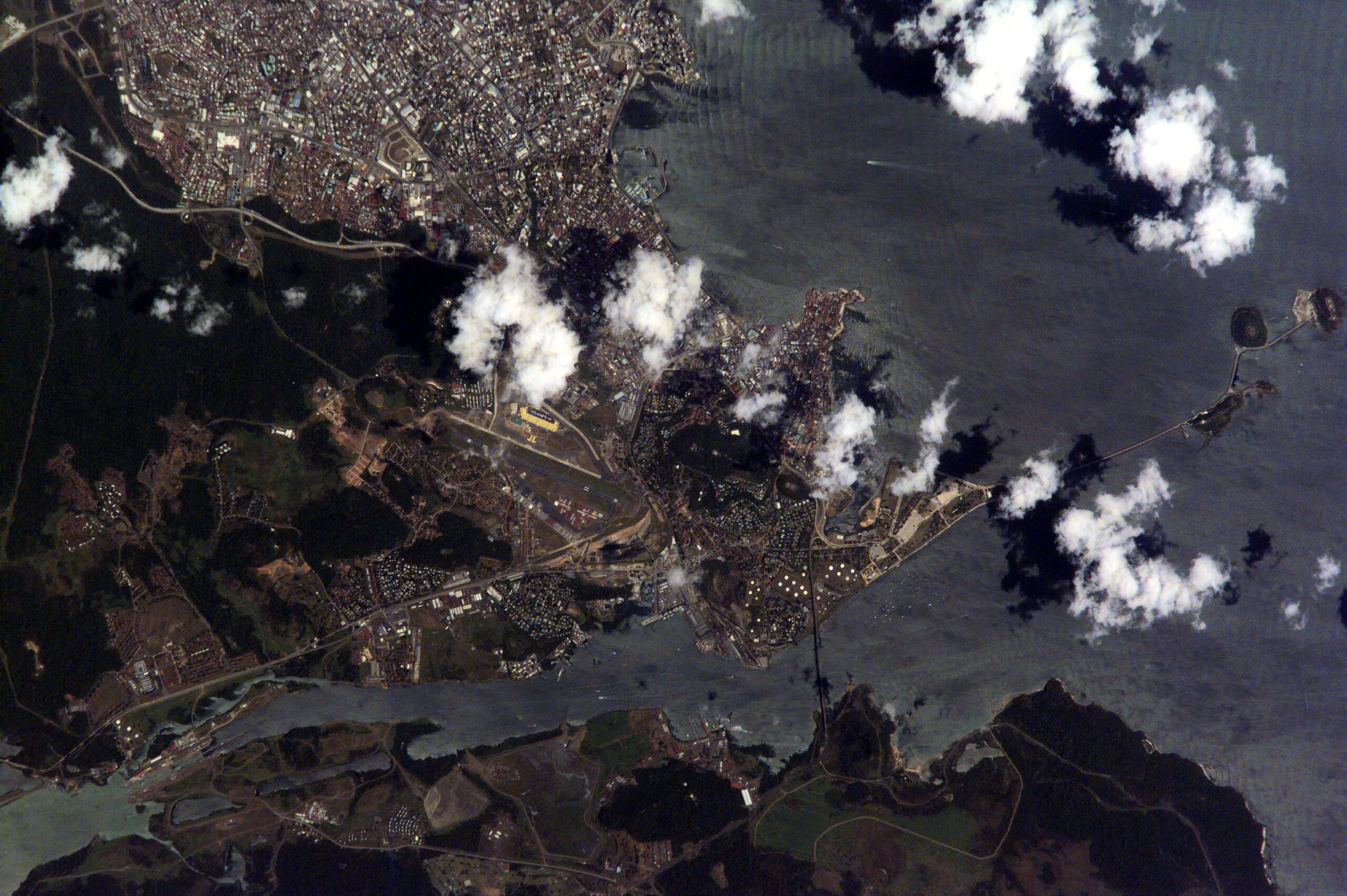 Aerial view of Panama City and the entrance to the Panama Canal